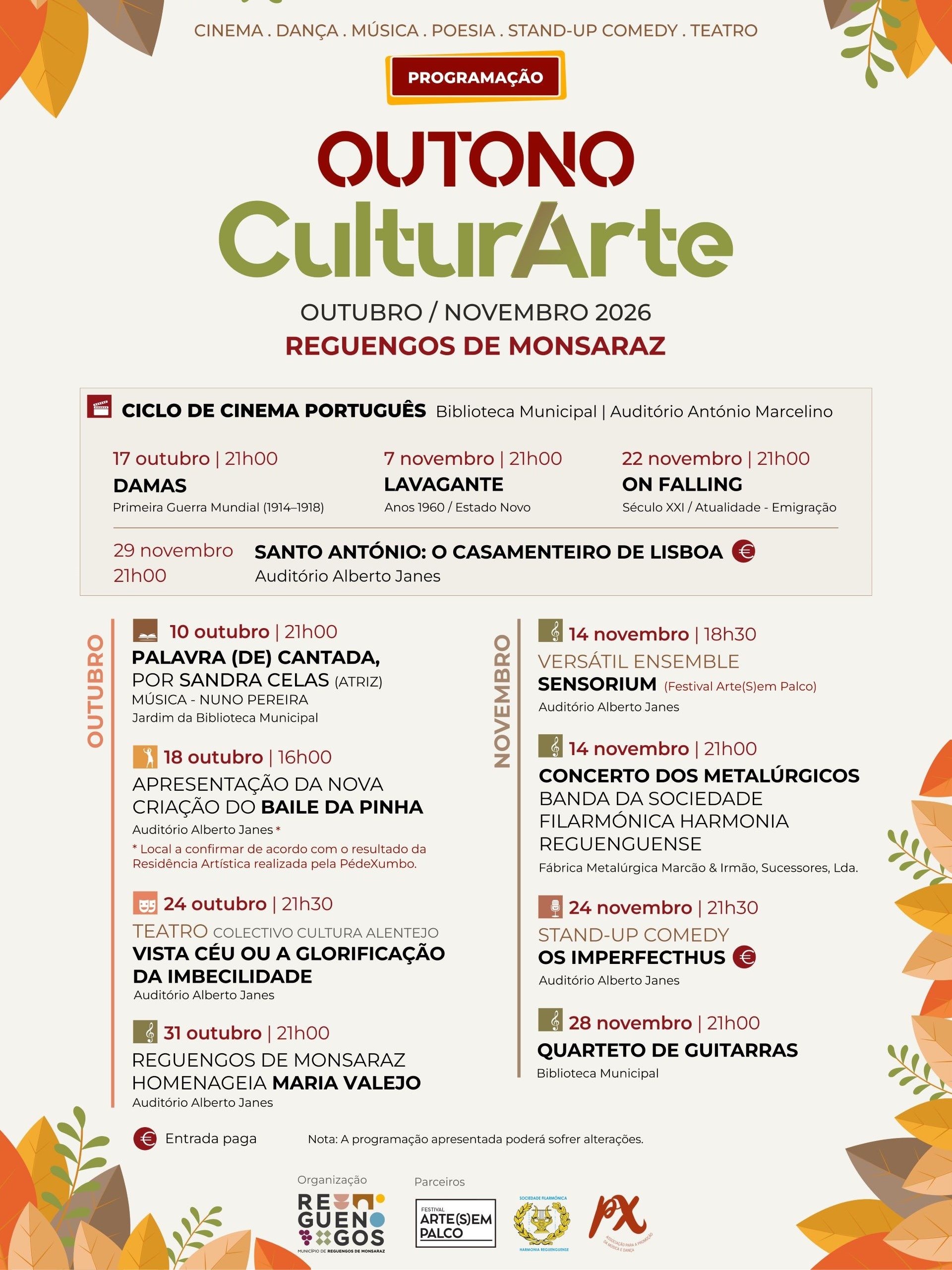 Outono CulturArte 2026 | Programa Cultural de Outubro e Novembro